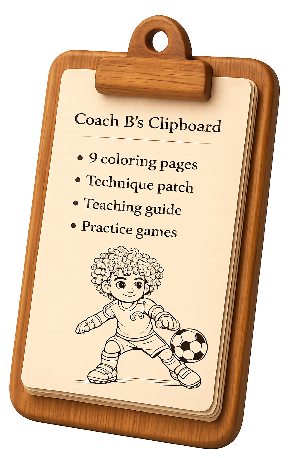 A basket of Coach B's Clipboard printables — coloring pages, practice cards, and parent scripts