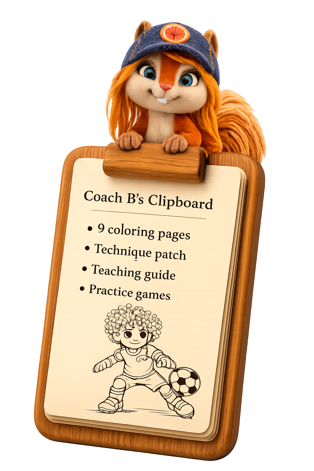 Rue holding Coach B's Clipboard with free coloring pages, a technique patch, a teaching guide, and practice games