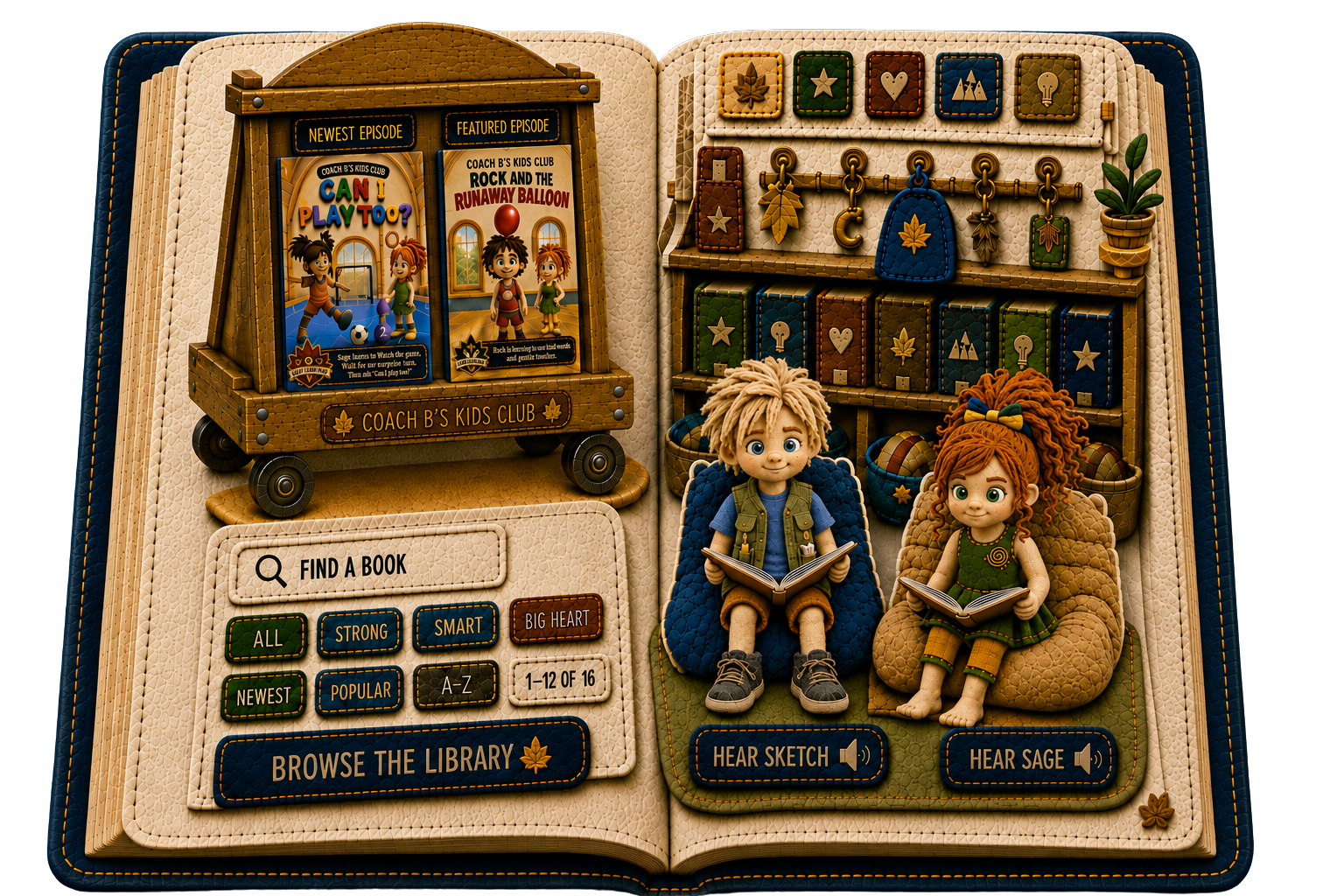 The open Kids Club Library book, with episode covers, shelves, Sketch, and Sage
