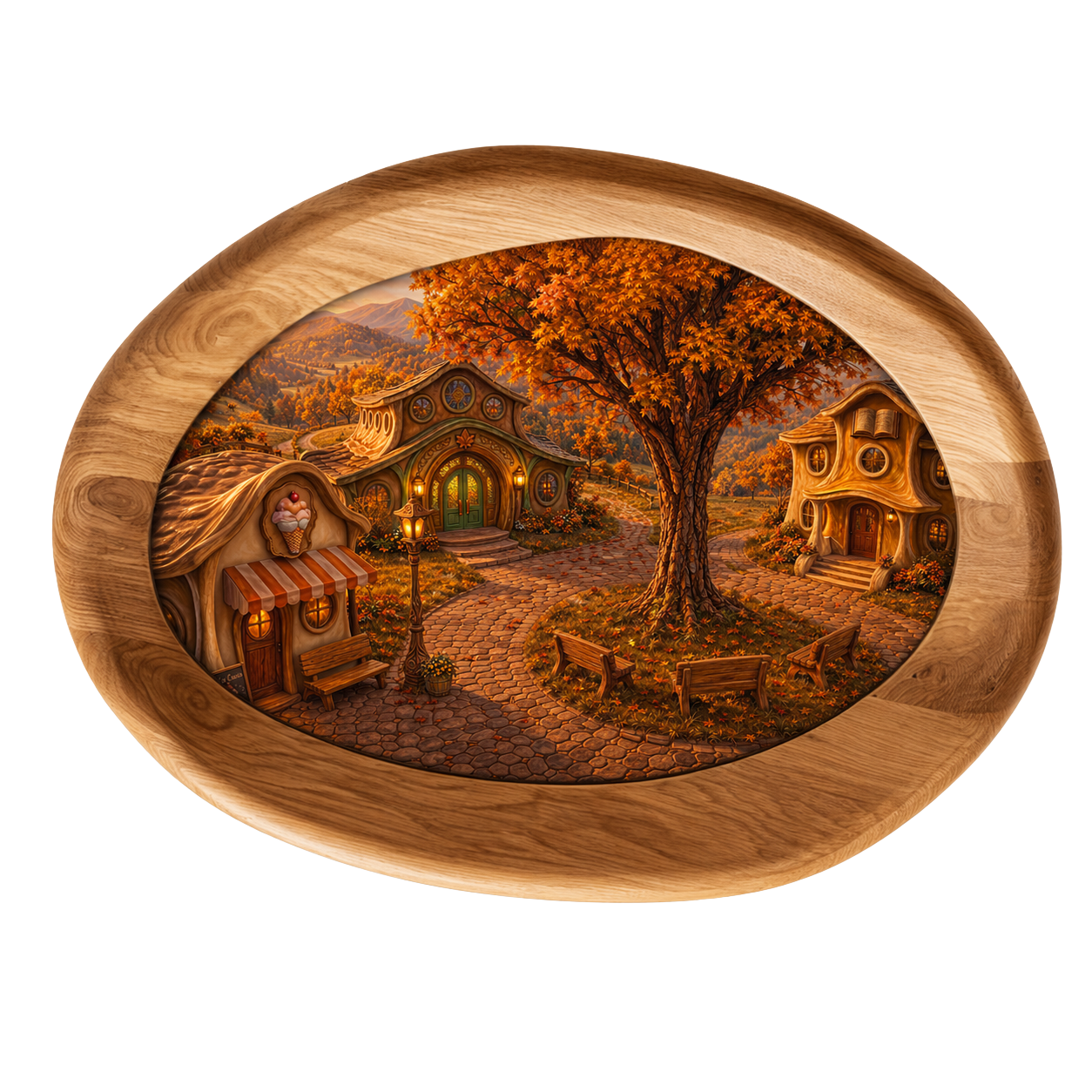 Maple Grove, the rec center, great maple tree, ice cream shop, and library inside an oak oval frame