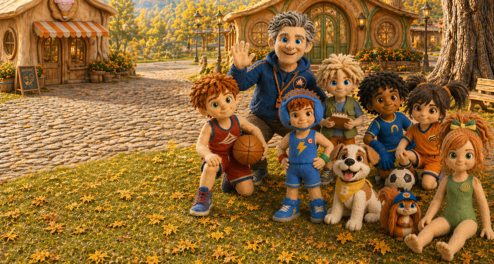 Coach B waving with the Kids Club — Jett, Rock, Bayo, Sage, Sketch, Bird, Buddy the dog — in front of the Maple Grove Rec Center on an autumn afternoon