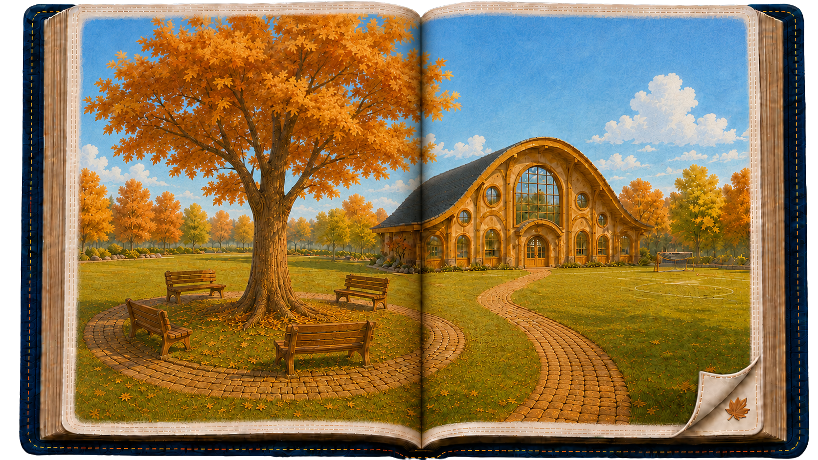 An open storybook showing Maple Grove in autumn, with a large maple tree, benches, a winding path, and the clubhouse.