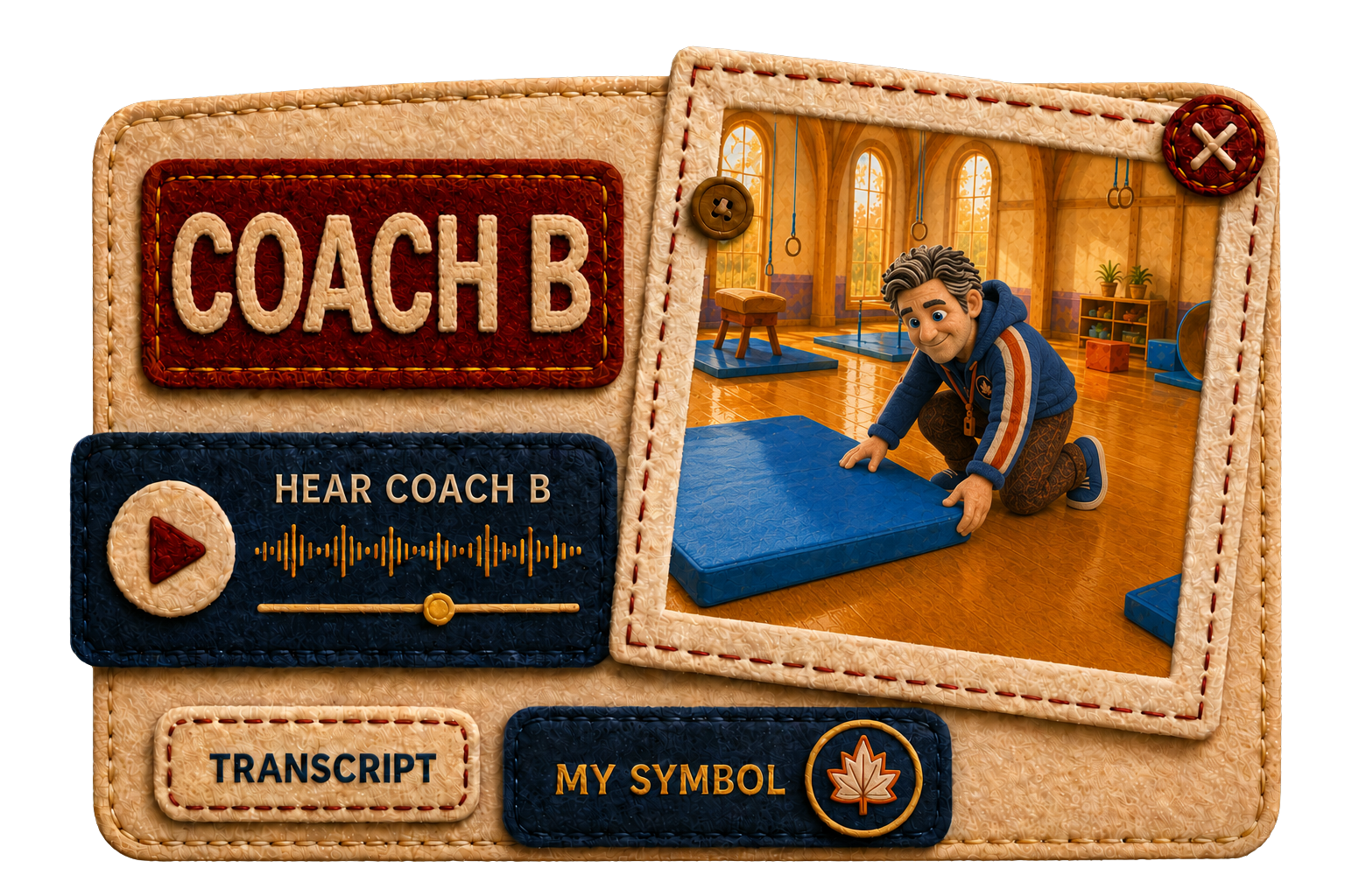 Stitched Coach B introduction player showing Coach B setting up the Maple Grove Rec Center, with play, Transcript, and close controls.