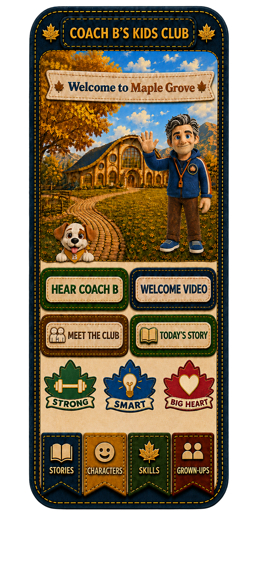 Coach B’s Kids Club mobile homepage with Coach B, Buddy, four activities, three skill badges, and four navigation tabs.