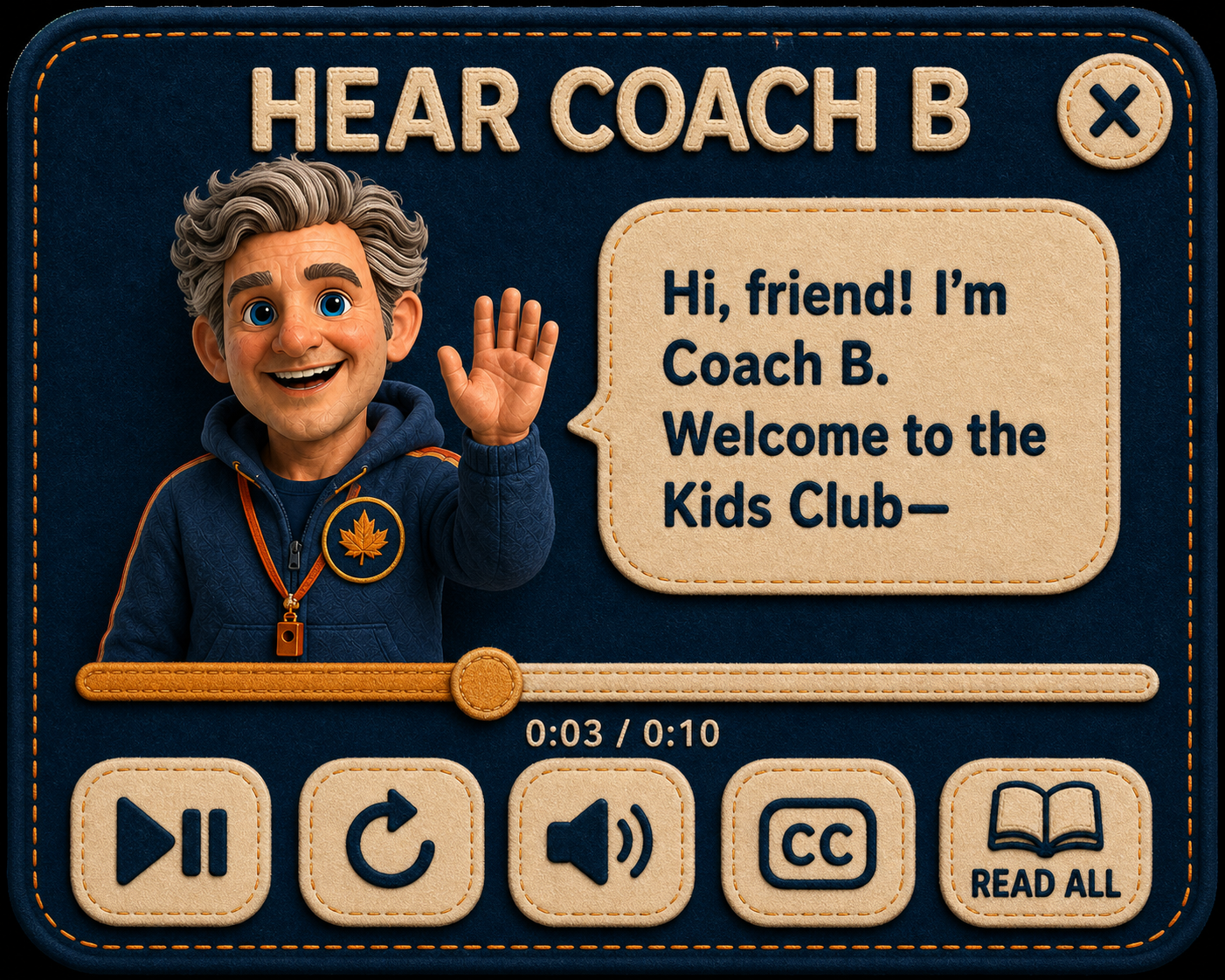 Hear Coach B audio player with Coach B waving and five stitched controls.