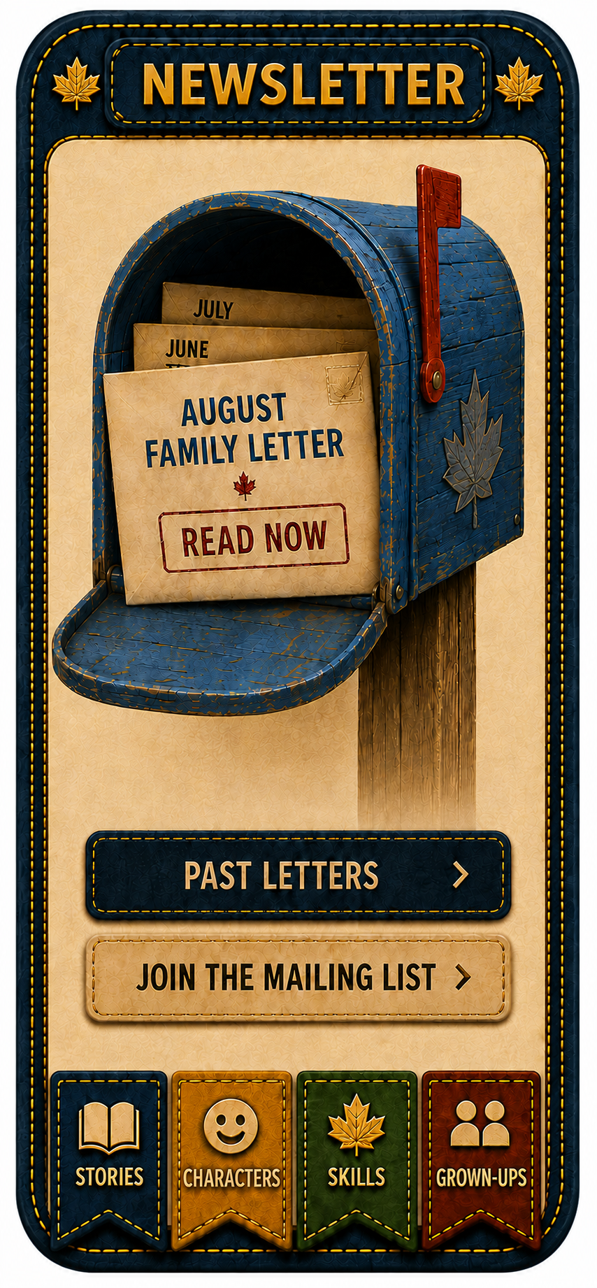 A blue Maple Grove mailbox holds the August Family Letter, above buttons for past letters, the mailing list, Stories, Characters, Skills, and Grown-Ups.