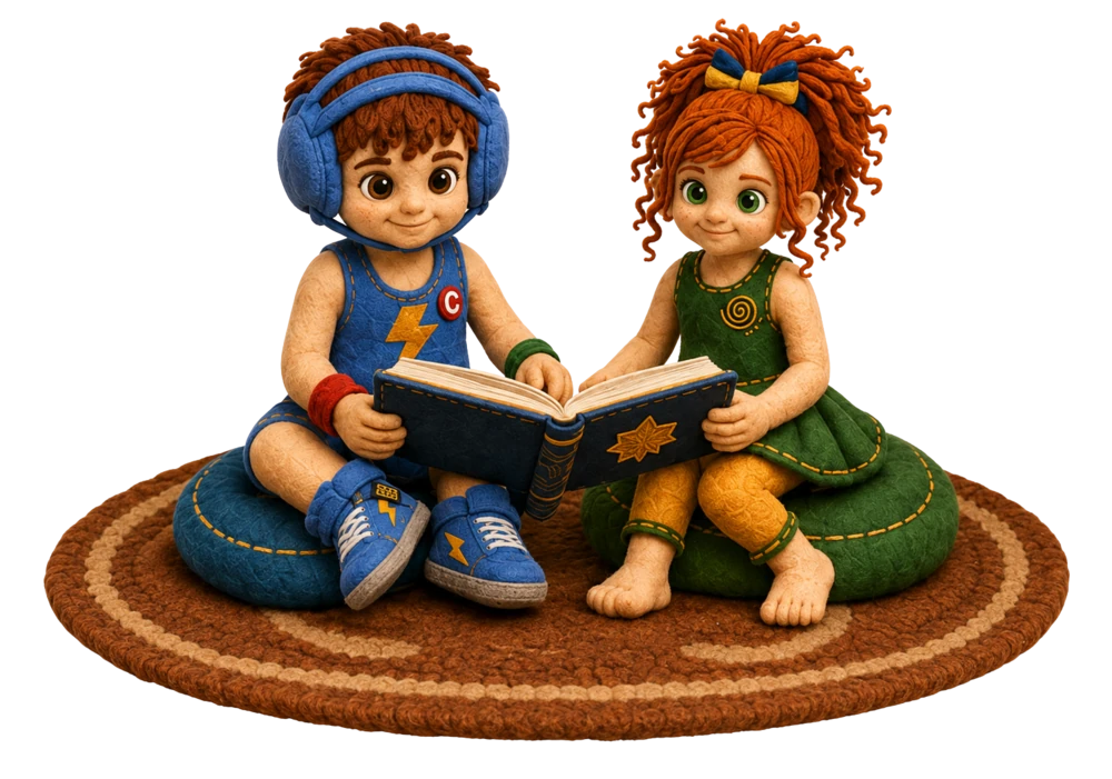 Jett and Rue sitting together and reading a Kids Club book
