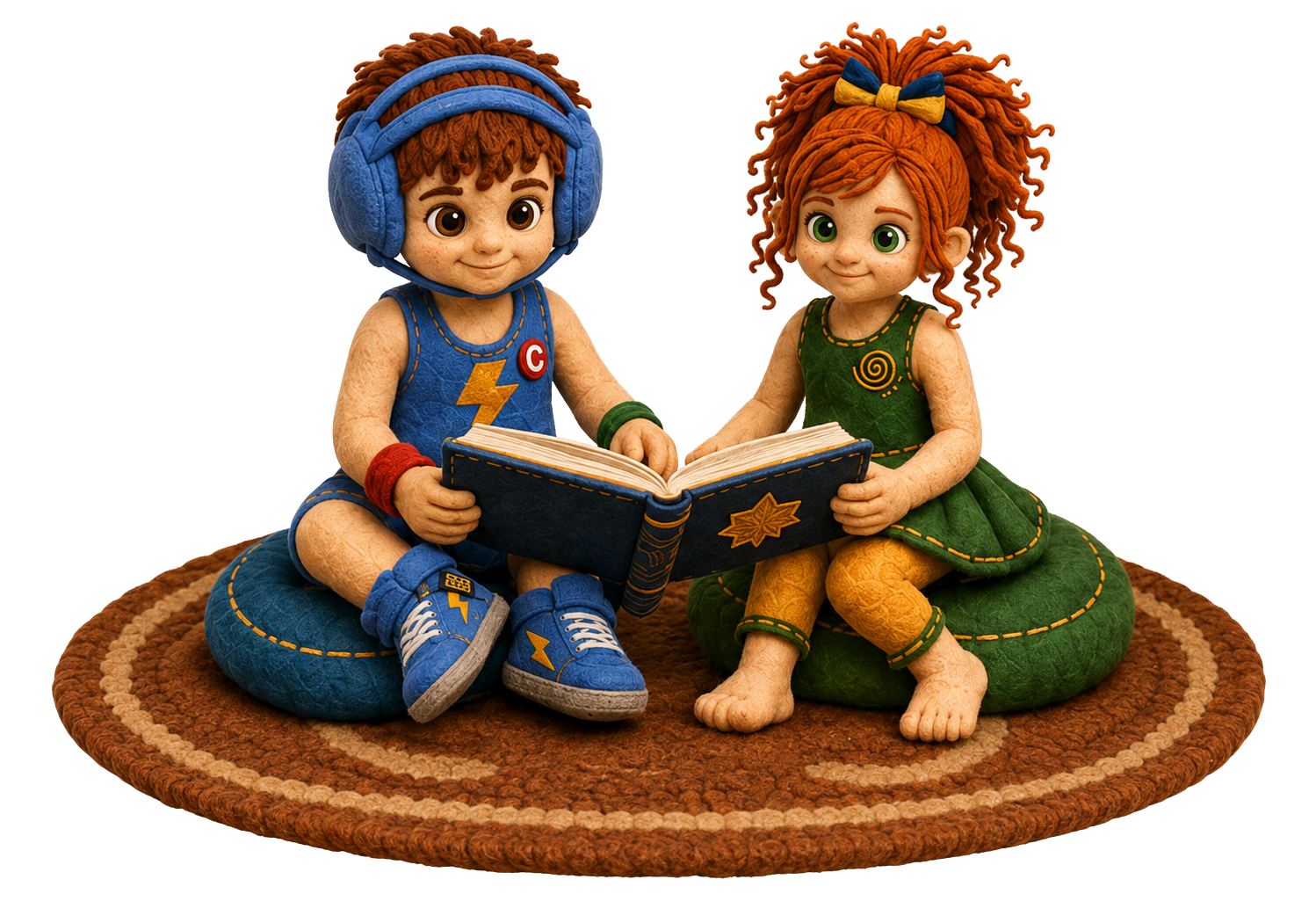 Jett and Rue sitting together and reading a Kids Club book