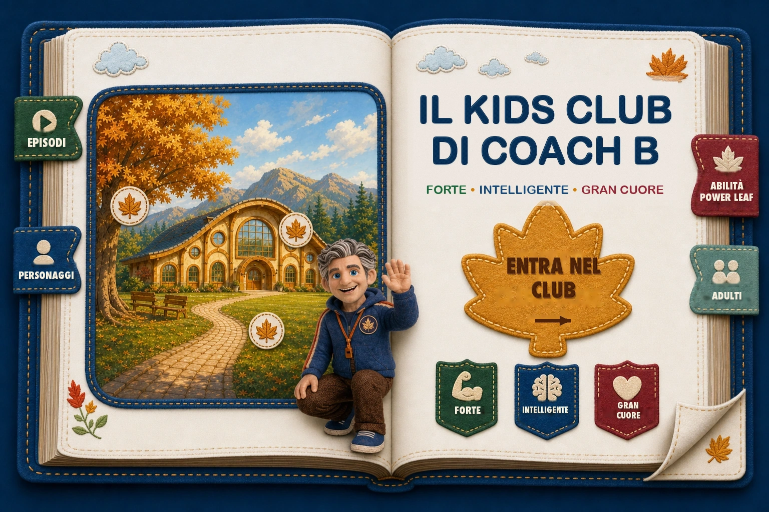 Un libro tattile aperto con il club illustrato, Coach B, linguette cucite e tre distintivi delle abilità.